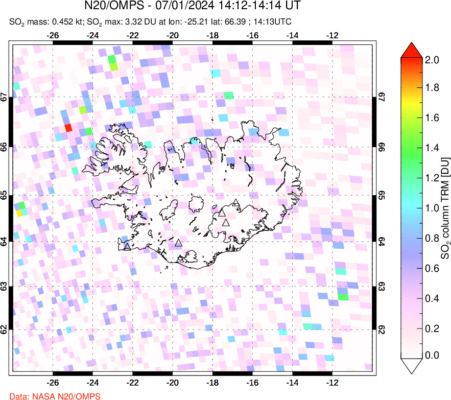 A sulfur dioxide image over Iceland on Jul 01, 2024.