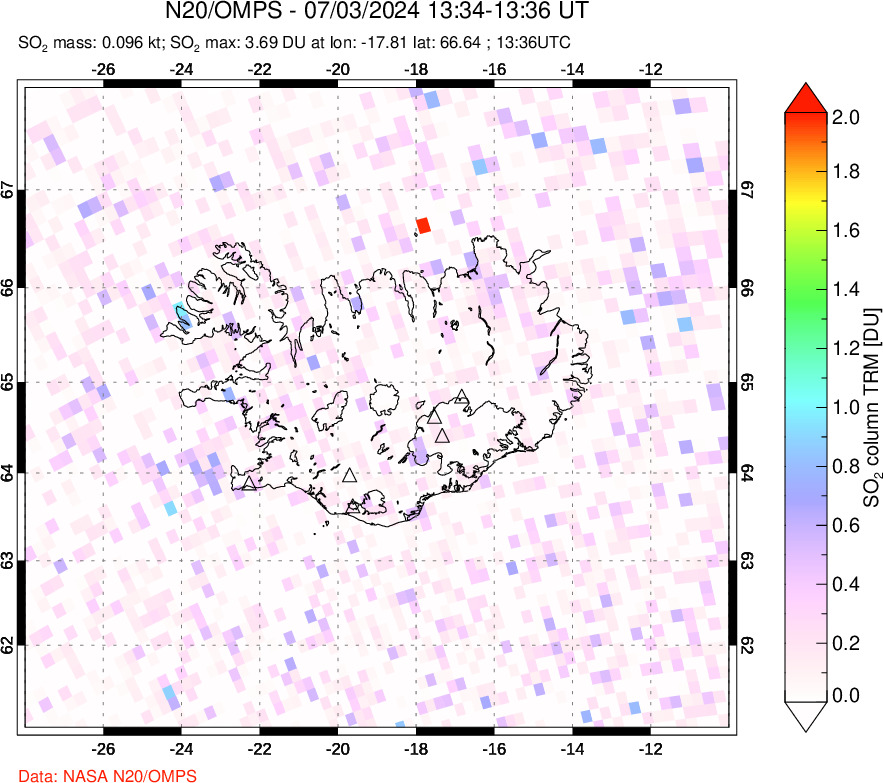 A sulfur dioxide image over Iceland on Jul 03, 2024.