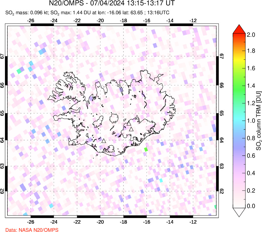 A sulfur dioxide image over Iceland on Jul 04, 2024.