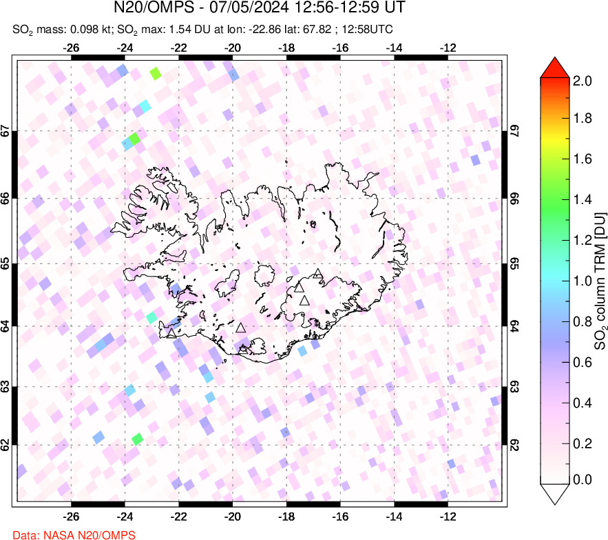 A sulfur dioxide image over Iceland on Jul 05, 2024.