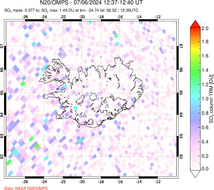 A sulfur dioxide image over Iceland on Jul 06, 2024.