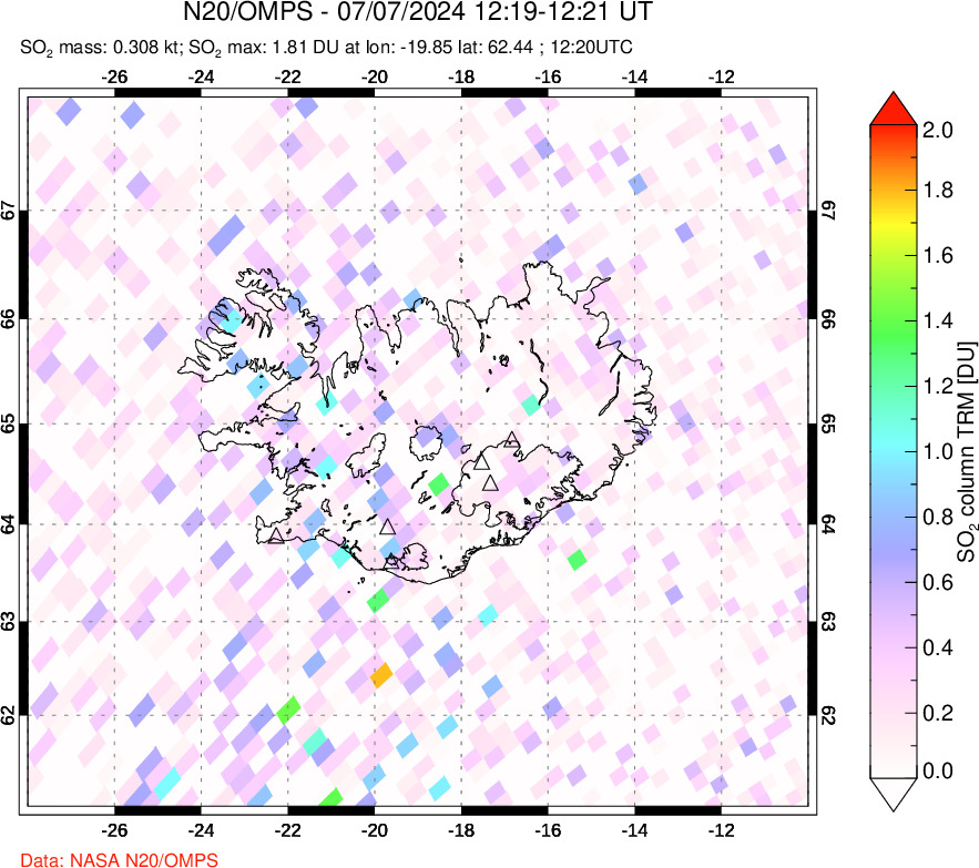 A sulfur dioxide image over Iceland on Jul 07, 2024.