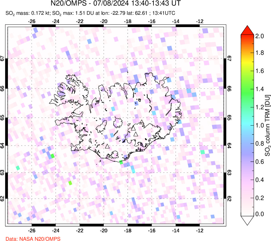 A sulfur dioxide image over Iceland on Jul 08, 2024.