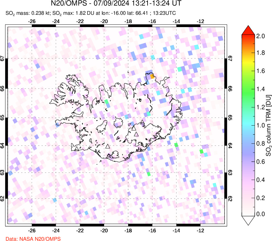 A sulfur dioxide image over Iceland on Jul 09, 2024.