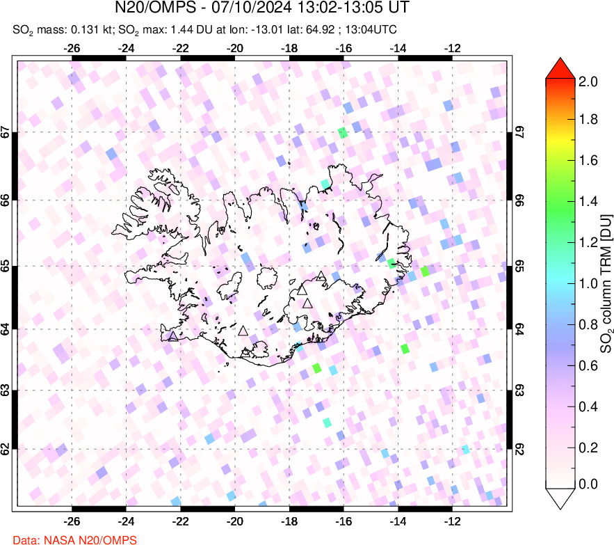 A sulfur dioxide image over Iceland on Jul 10, 2024.