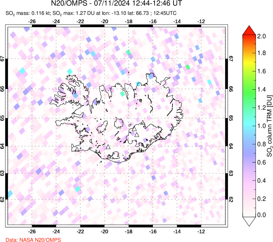 A sulfur dioxide image over Iceland on Jul 11, 2024.