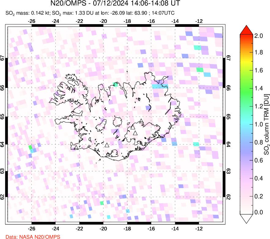 A sulfur dioxide image over Iceland on Jul 12, 2024.