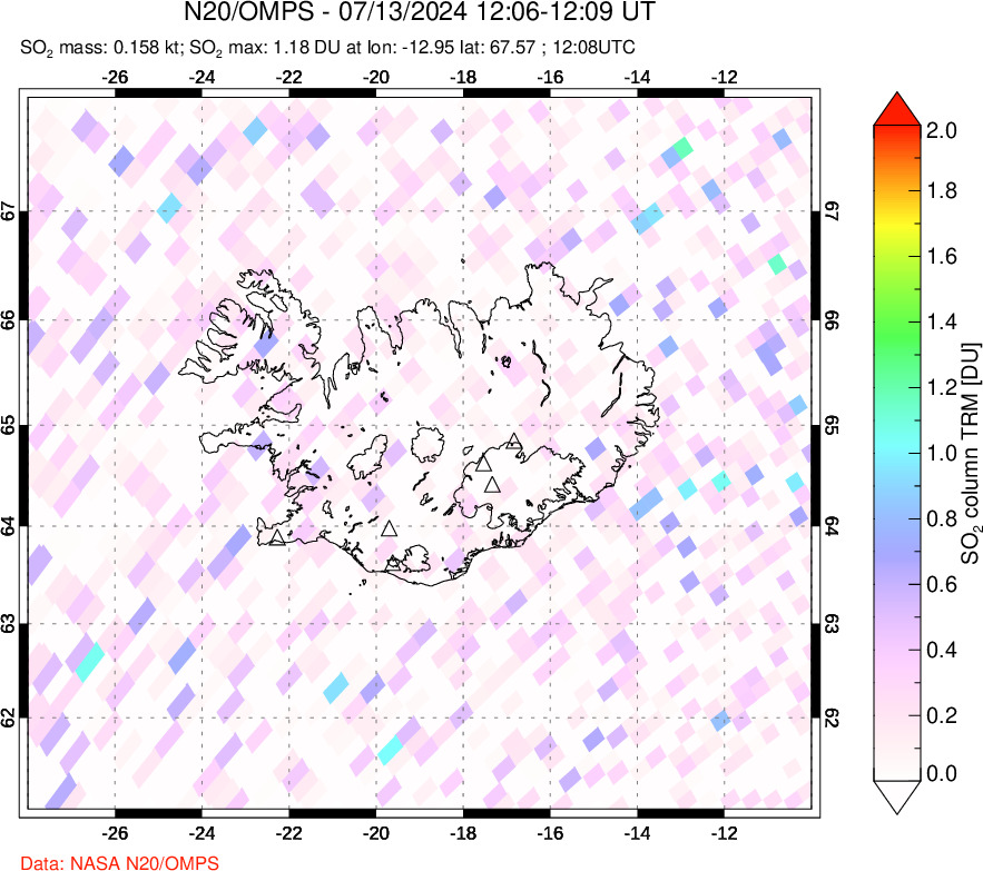 A sulfur dioxide image over Iceland on Jul 13, 2024.