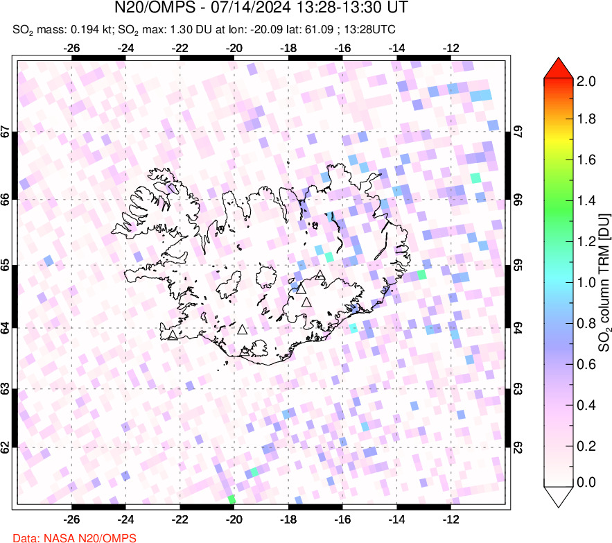 A sulfur dioxide image over Iceland on Jul 14, 2024.