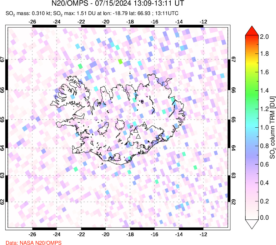 A sulfur dioxide image over Iceland on Jul 15, 2024.