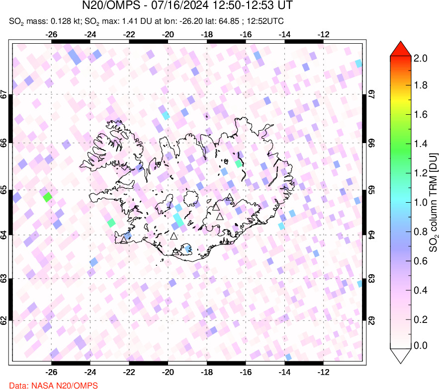 A sulfur dioxide image over Iceland on Jul 16, 2024.