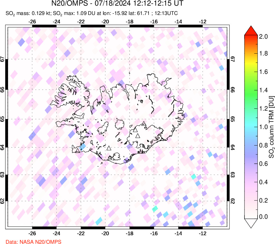 A sulfur dioxide image over Iceland on Jul 18, 2024.