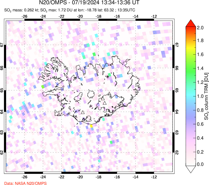 A sulfur dioxide image over Iceland on Jul 19, 2024.