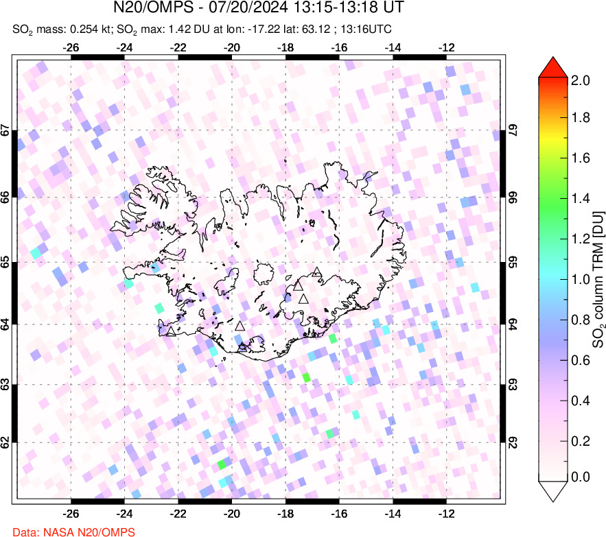 A sulfur dioxide image over Iceland on Jul 20, 2024.