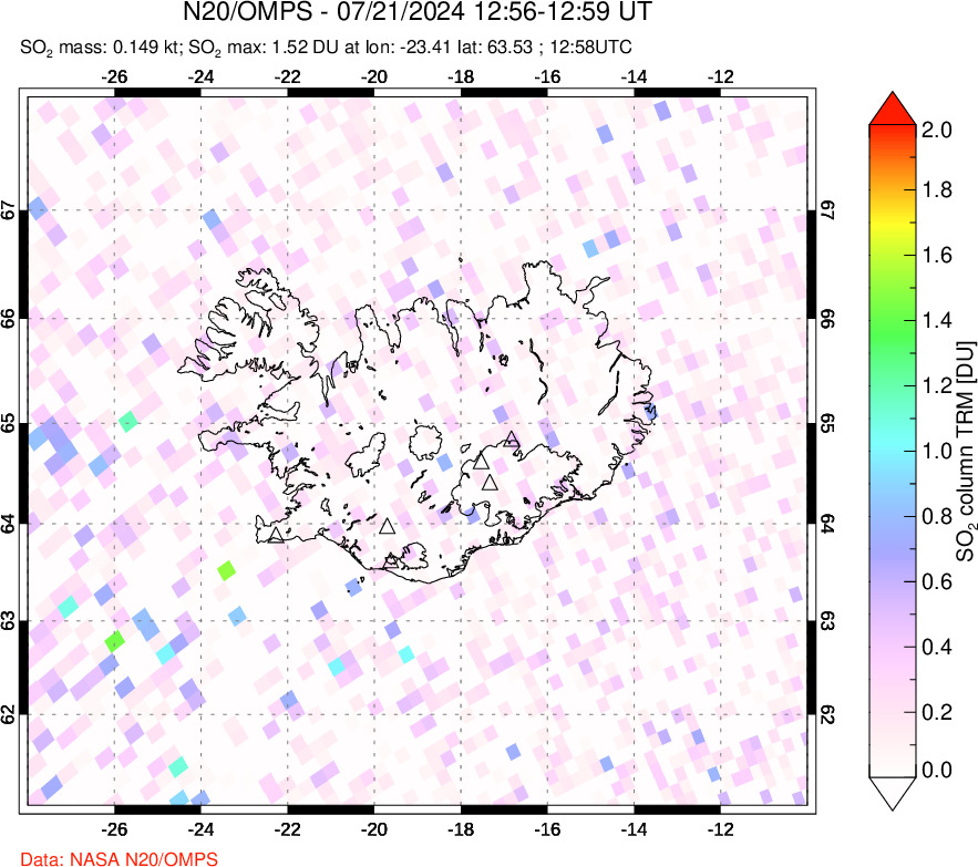 A sulfur dioxide image over Iceland on Jul 21, 2024.