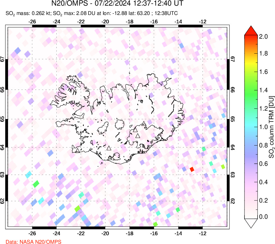 A sulfur dioxide image over Iceland on Jul 22, 2024.