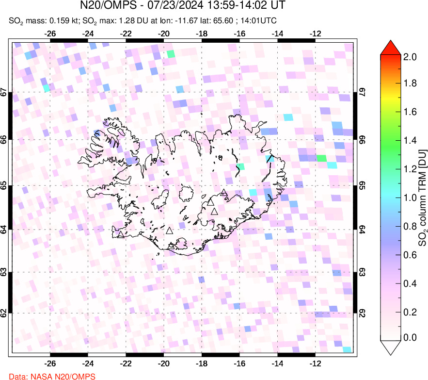 A sulfur dioxide image over Iceland on Jul 23, 2024.