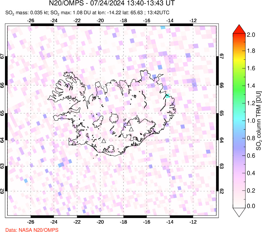 A sulfur dioxide image over Iceland on Jul 24, 2024.