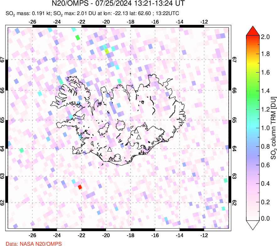 A sulfur dioxide image over Iceland on Jul 25, 2024.