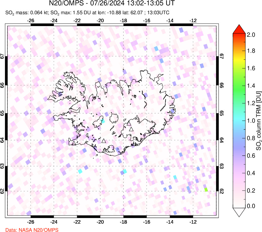 A sulfur dioxide image over Iceland on Jul 26, 2024.