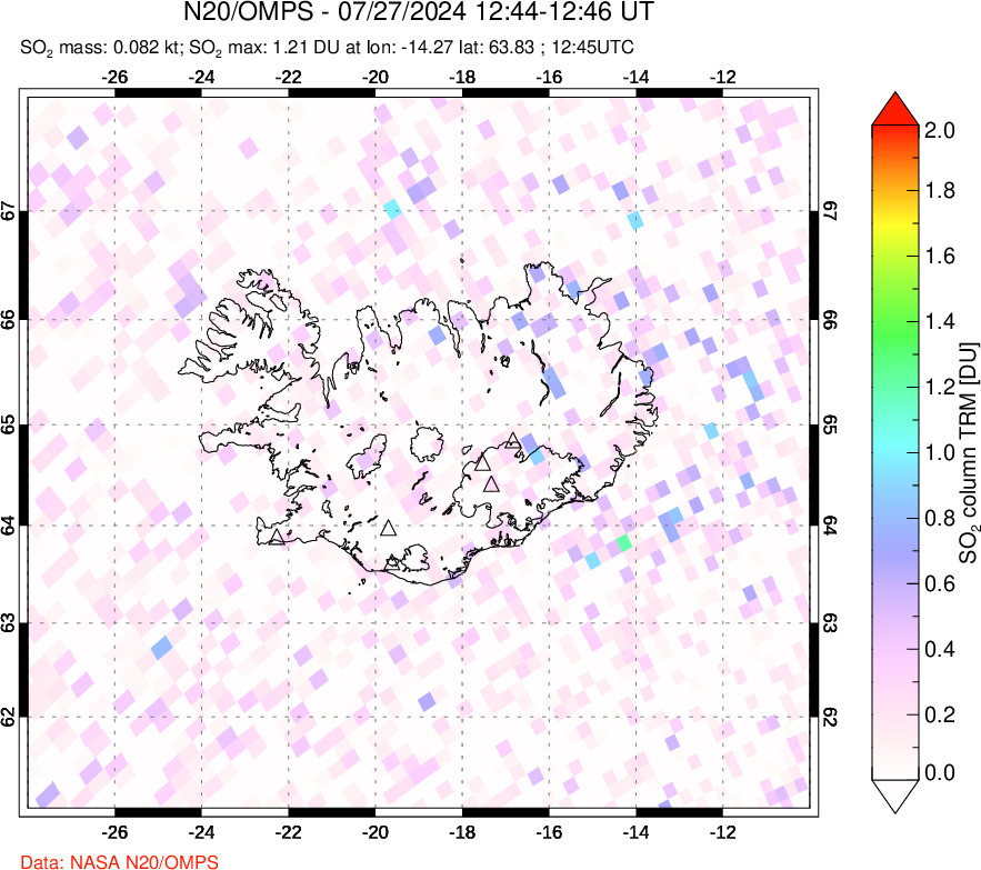 A sulfur dioxide image over Iceland on Jul 27, 2024.