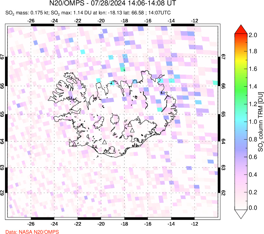 A sulfur dioxide image over Iceland on Jul 28, 2024.