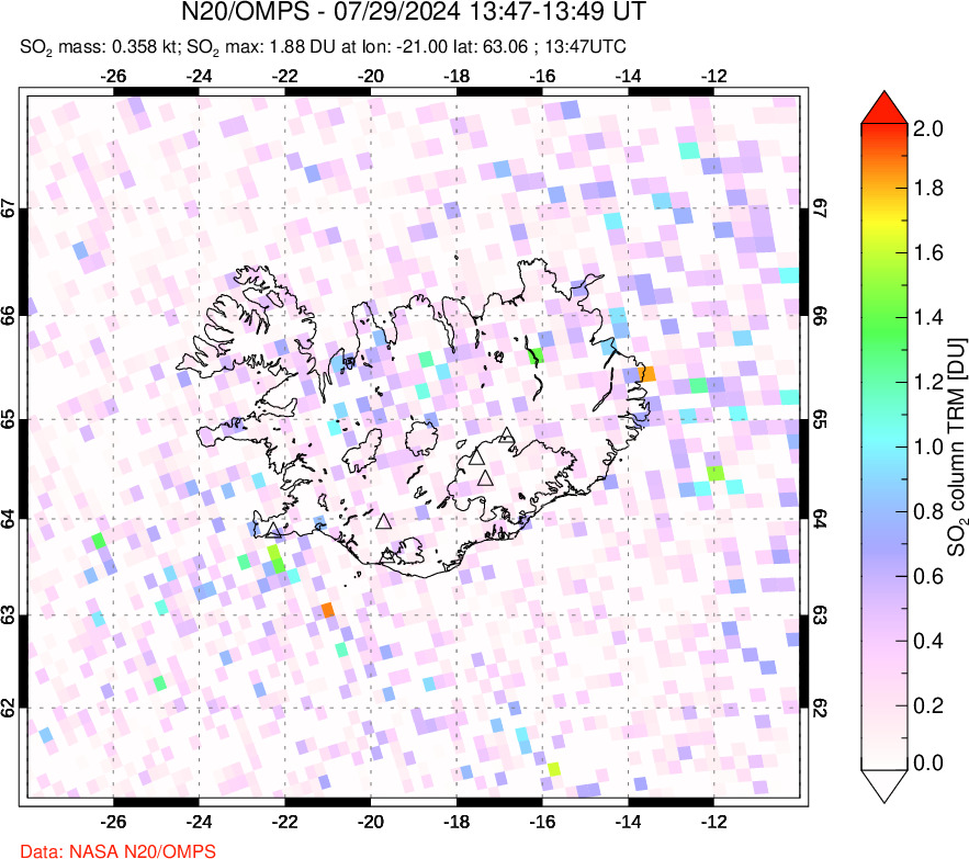 A sulfur dioxide image over Iceland on Jul 29, 2024.