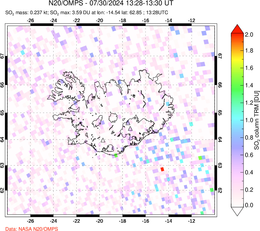 A sulfur dioxide image over Iceland on Jul 30, 2024.