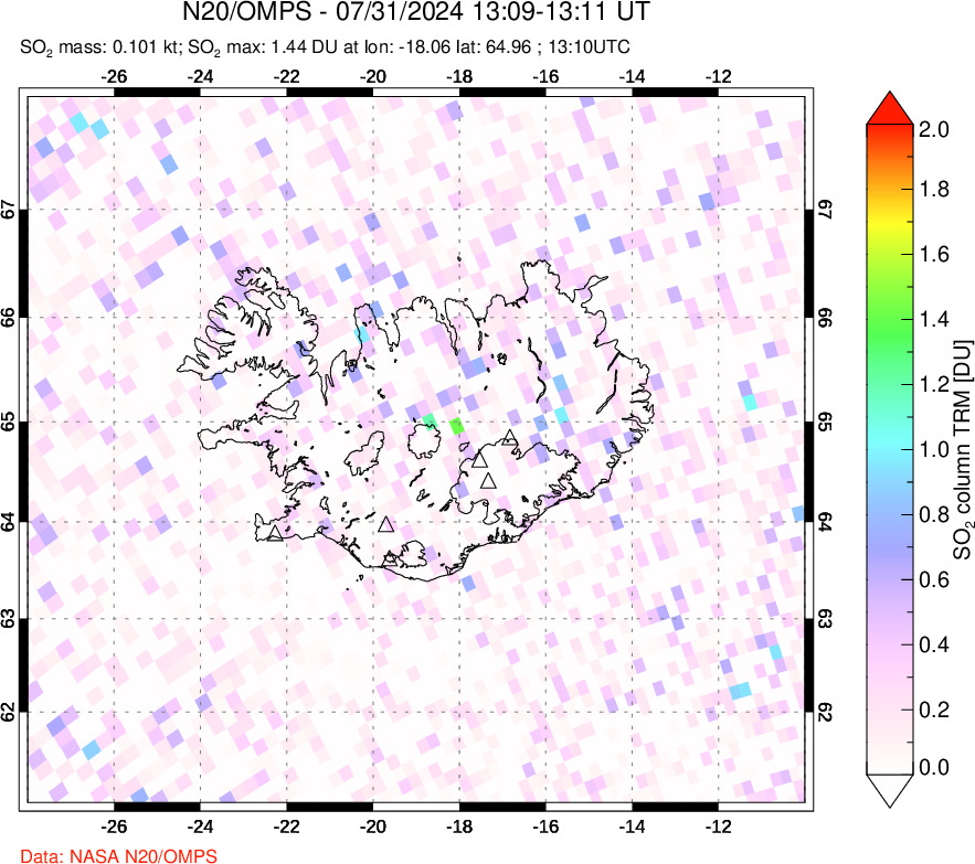 A sulfur dioxide image over Iceland on Jul 31, 2024.