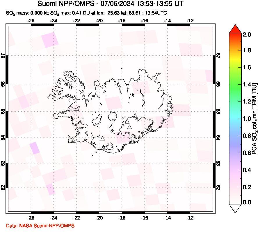 A sulfur dioxide image over Iceland on Jul 06, 2024.