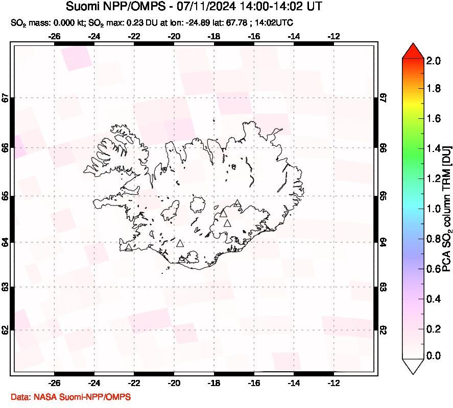 A sulfur dioxide image over Iceland on Jul 11, 2024.