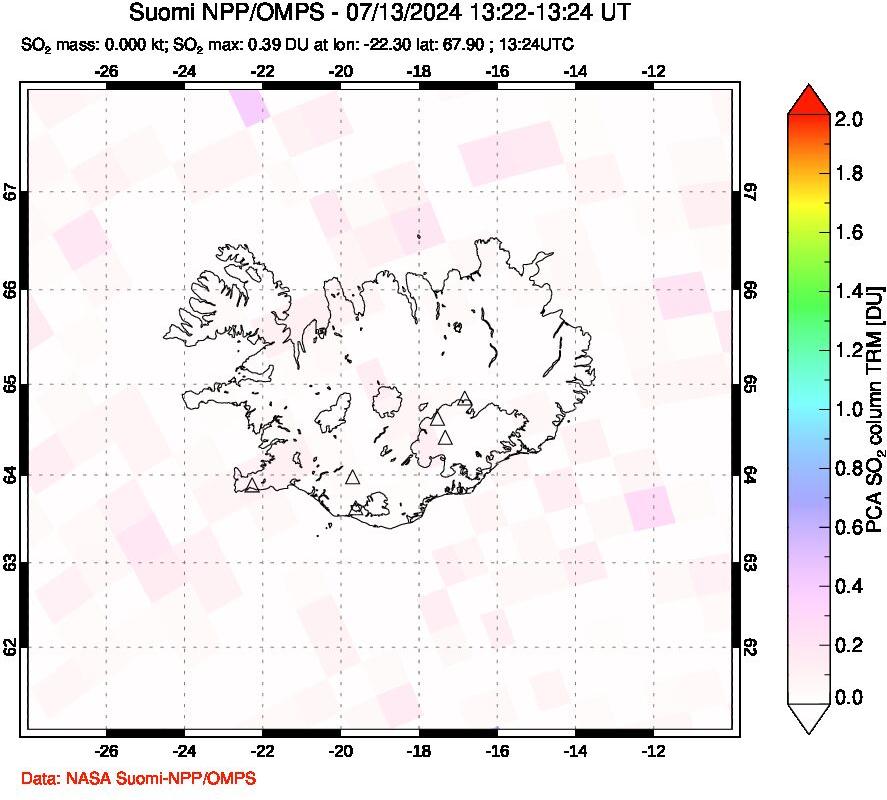 A sulfur dioxide image over Iceland on Jul 13, 2024.