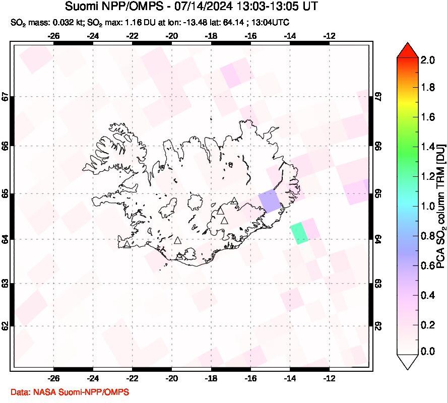 A sulfur dioxide image over Iceland on Jul 14, 2024.