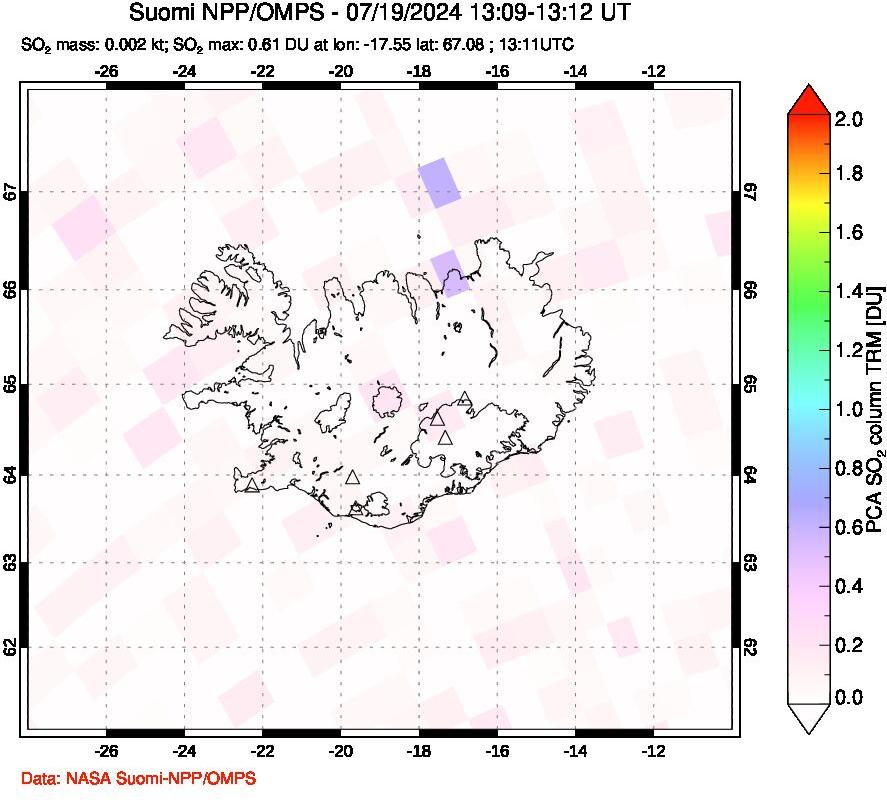 A sulfur dioxide image over Iceland on Jul 19, 2024.