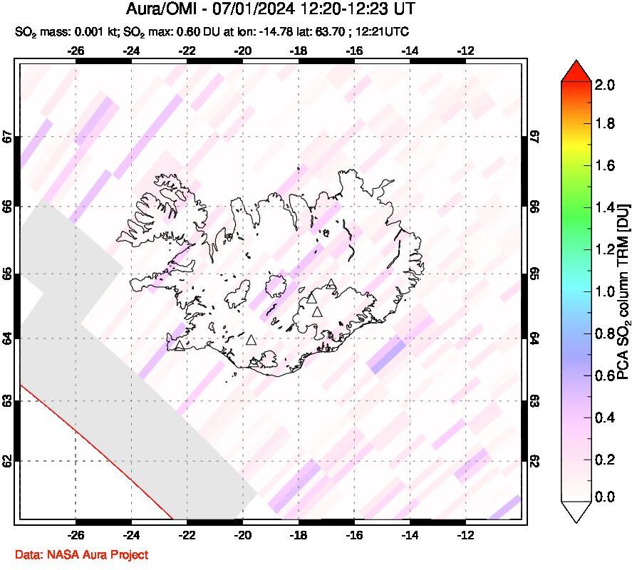 A sulfur dioxide image over Iceland on Jul 01, 2024.