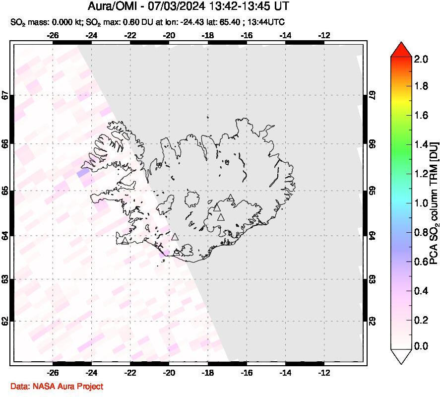 A sulfur dioxide image over Iceland on Jul 03, 2024.