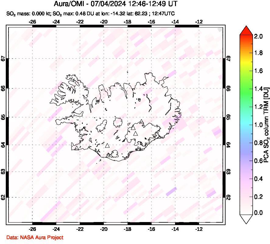 A sulfur dioxide image over Iceland on Jul 04, 2024.