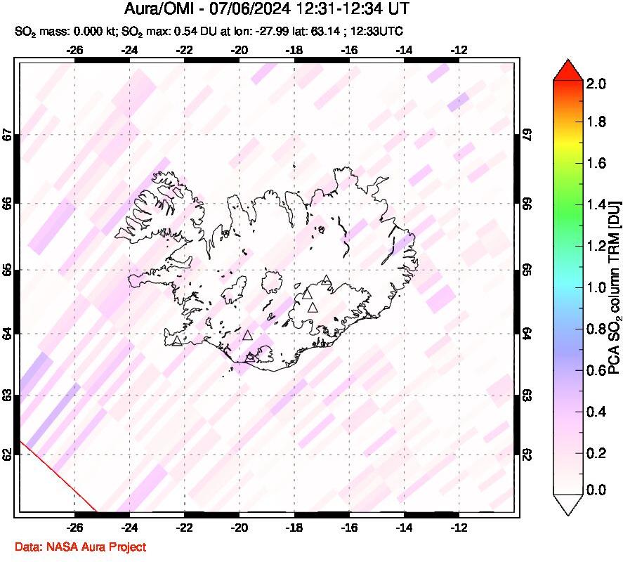 A sulfur dioxide image over Iceland on Jul 06, 2024.