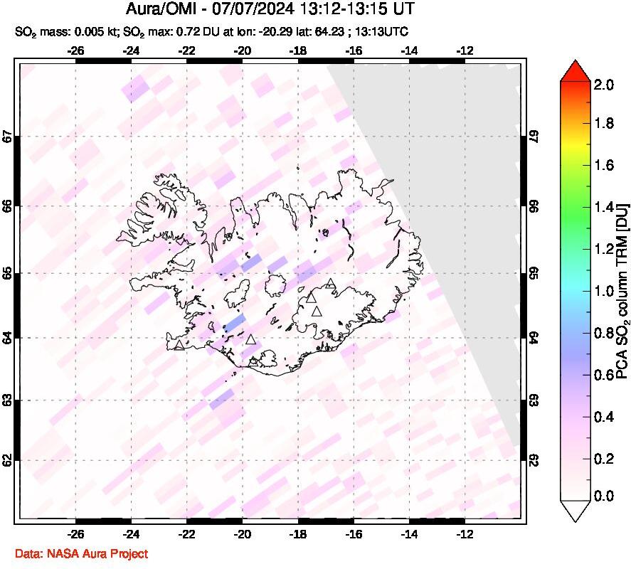 A sulfur dioxide image over Iceland on Jul 07, 2024.