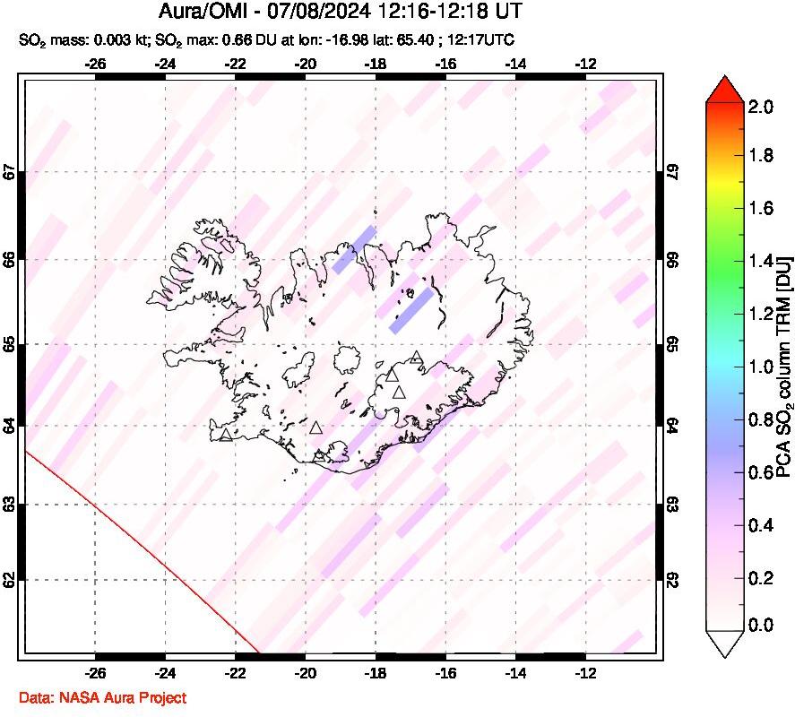 A sulfur dioxide image over Iceland on Jul 08, 2024.