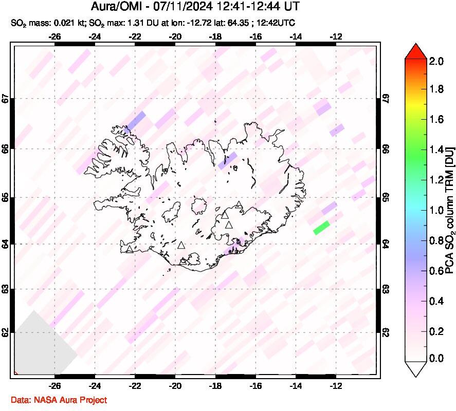 A sulfur dioxide image over Iceland on Jul 11, 2024.