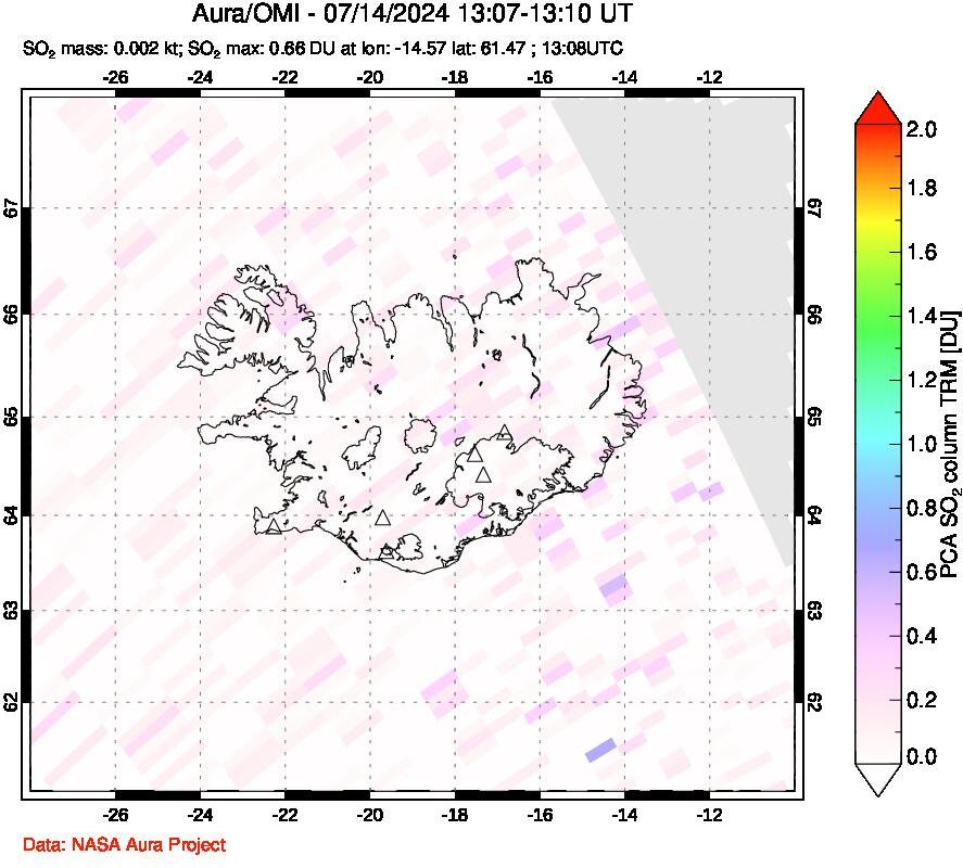 A sulfur dioxide image over Iceland on Jul 14, 2024.