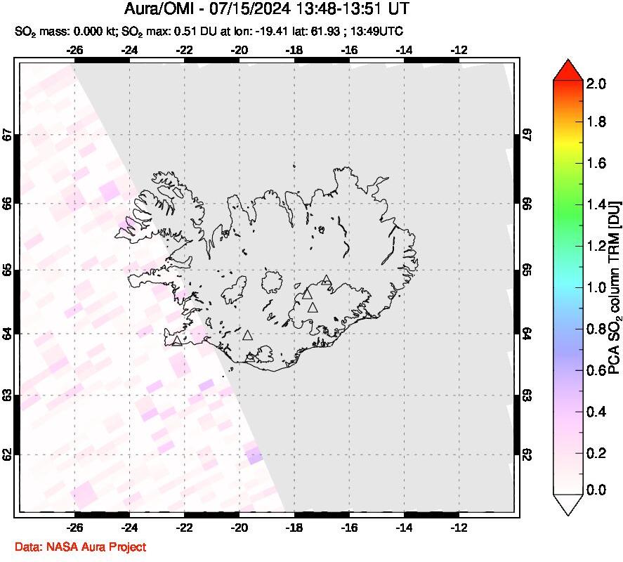 A sulfur dioxide image over Iceland on Jul 15, 2024.