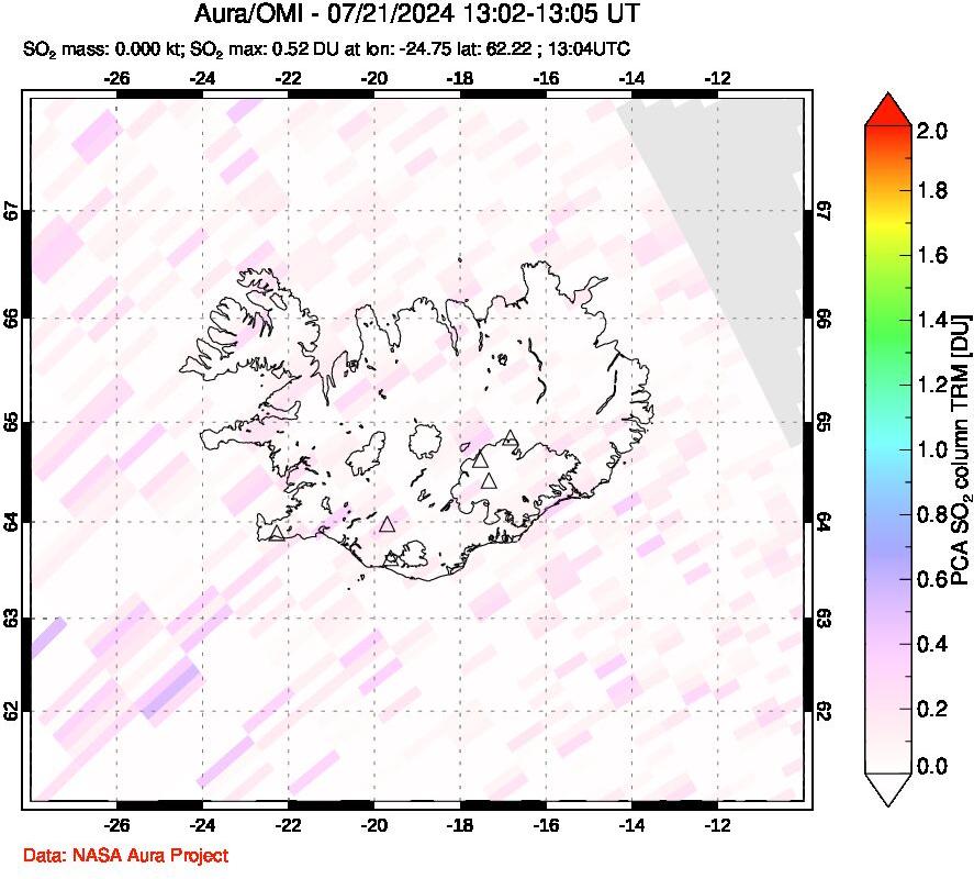 A sulfur dioxide image over Iceland on Jul 21, 2024.