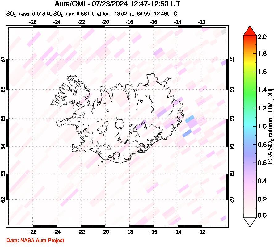 A sulfur dioxide image over Iceland on Jul 23, 2024.