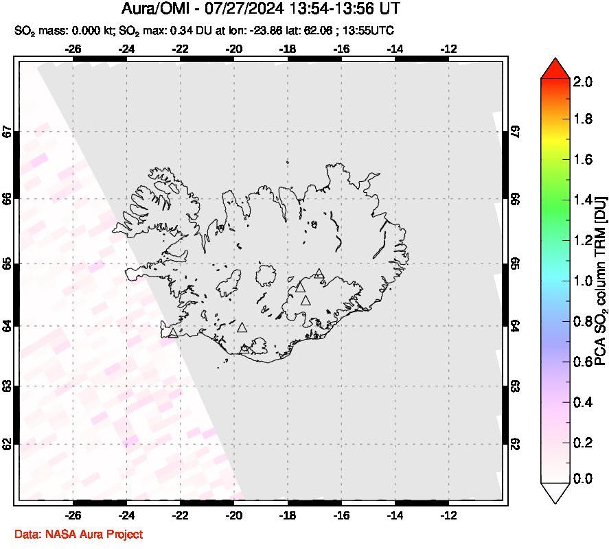 A sulfur dioxide image over Iceland on Jul 27, 2024.