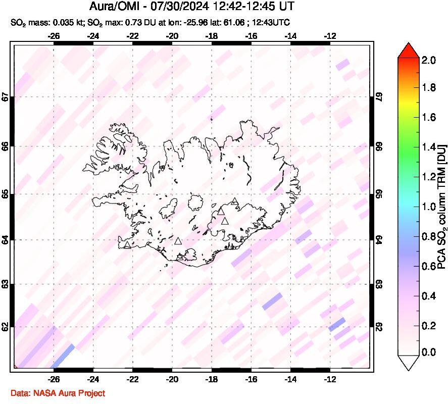 A sulfur dioxide image over Iceland on Jul 30, 2024.