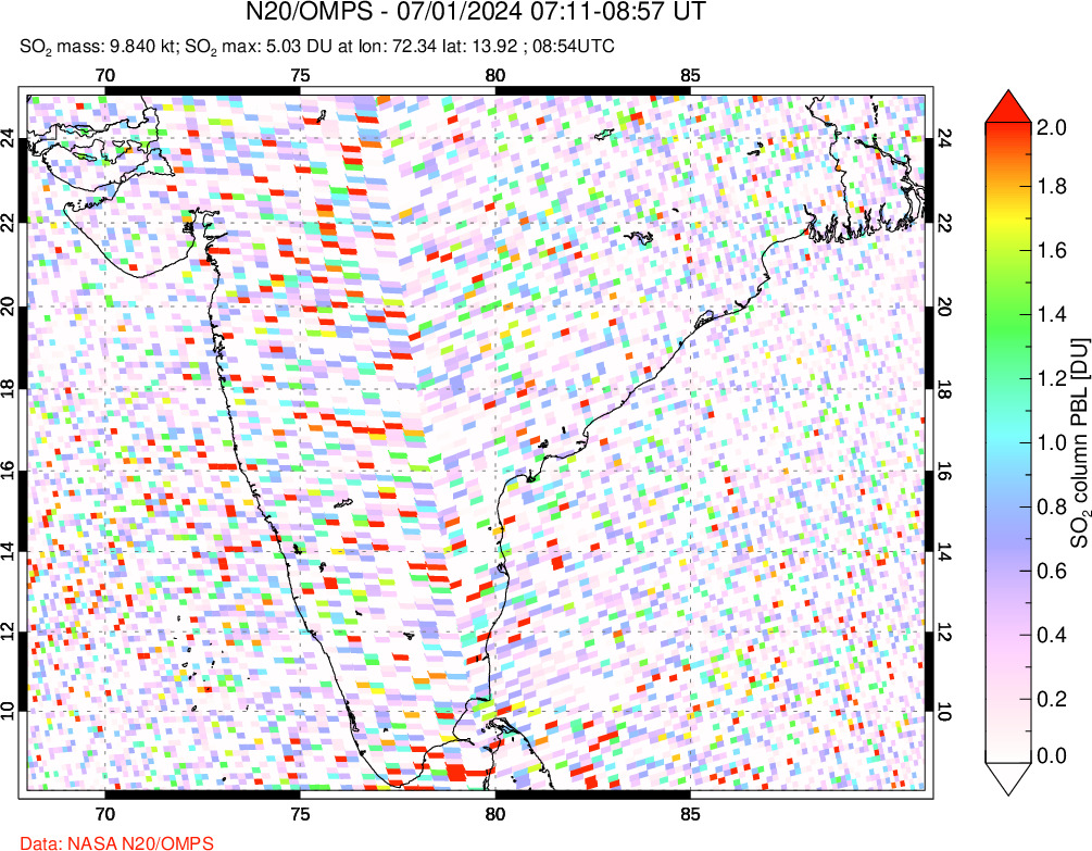 A sulfur dioxide image over India on Jul 01, 2024.