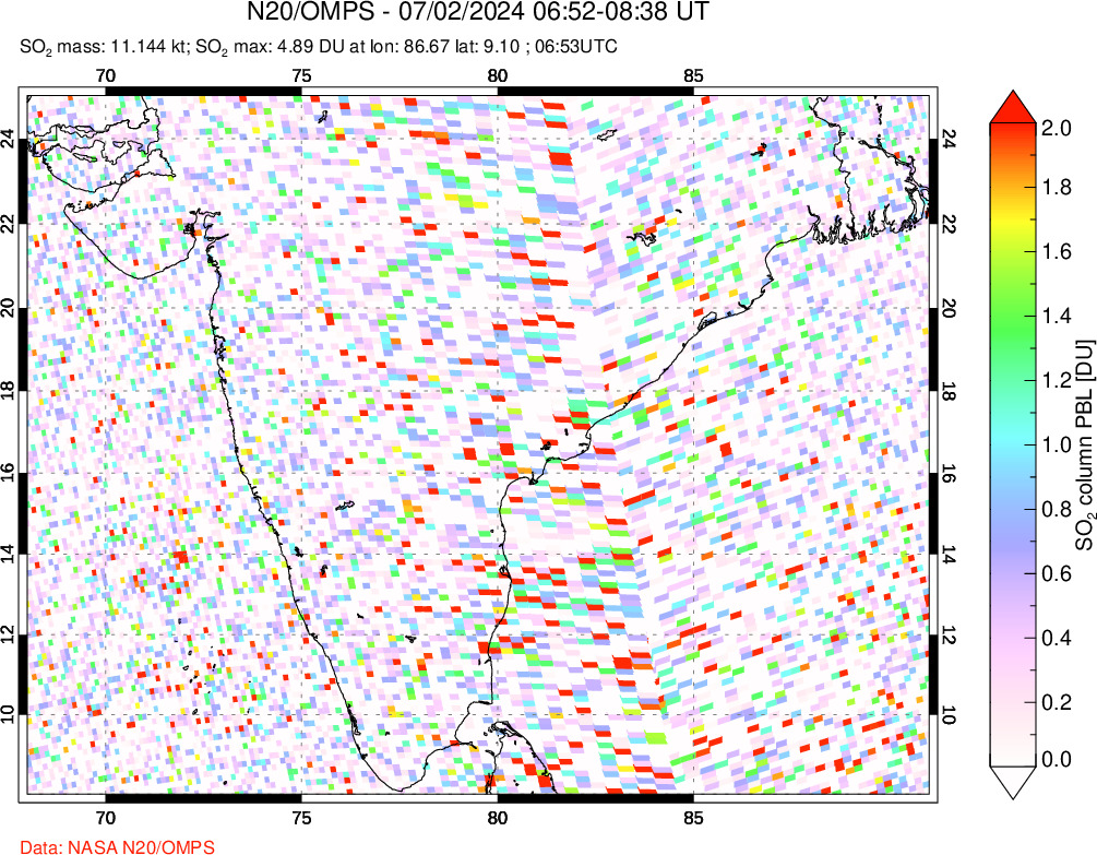 A sulfur dioxide image over India on Jul 02, 2024.