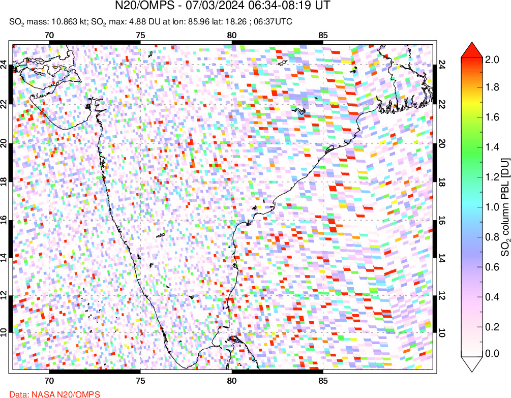 A sulfur dioxide image over India on Jul 03, 2024.